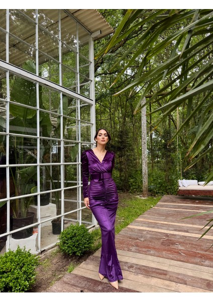 Quinn Kemer Detay Simli Kadife Elbise 582348 Mürdüm