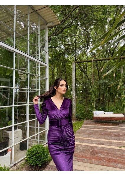 Quinn Kemer Detay Simli Kadife Elbise 582348 Mürdüm fiyatları