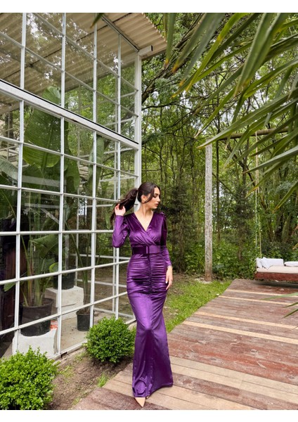 Quinn Kemer Detay Simli Kadife Elbise 582348 Mürdüm modelleri