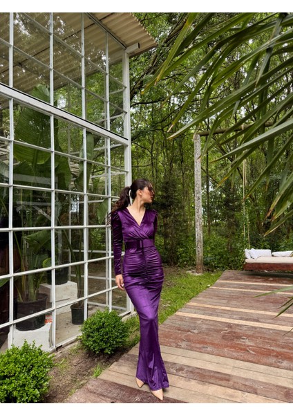 Quinn Kemer Detay Simli Kadife Elbise 582348 Mürdüm fırsatları