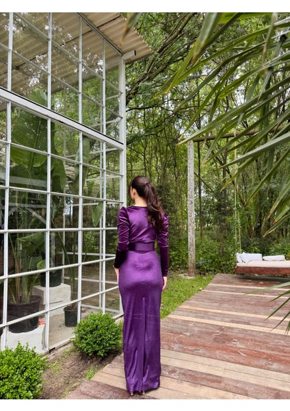 Quinn Kemer Detay Simli Kadife Elbise 582348 Mürdüm indirimleri