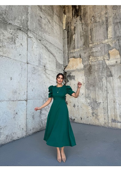 Balon Kol Etek Volanlı Elbise 3032 Zümrüt