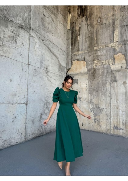 Balon Kol Etek Volanlı Elbise 3032 Zümrüt fiyatları