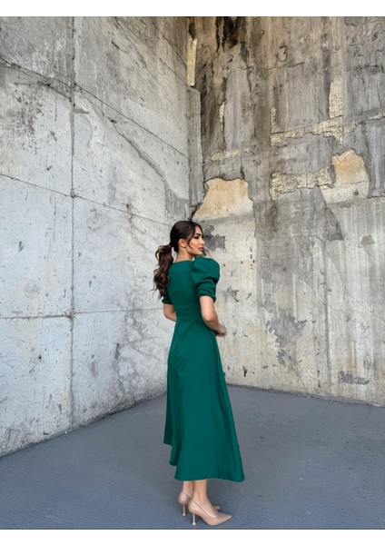 Balon Kol Etek Volanlı Elbise 3032 Zümrüt modelleri