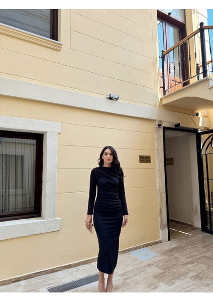 Büzgülü Maxi Elbise 3046 Siyah