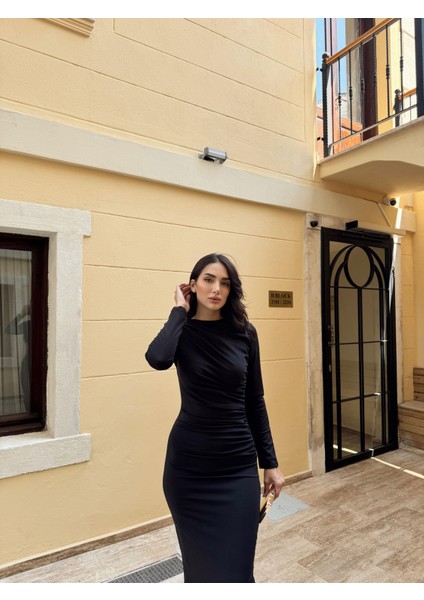 Büzgülü Maxi Elbise 3046 Siyah