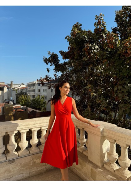 Jasmin Kayık Yaka Midi Elbise Kırmızı