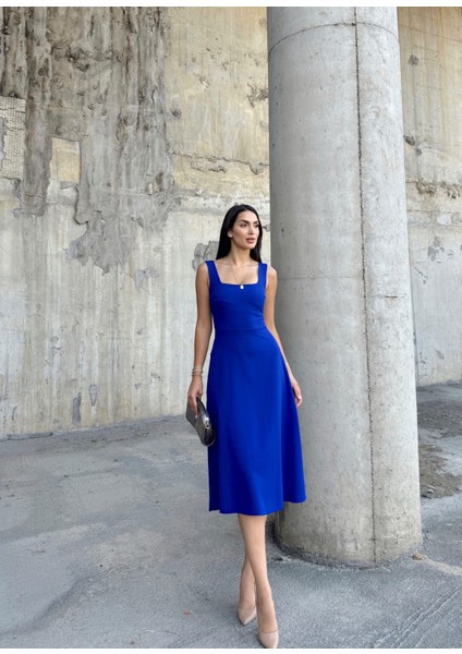 Idil Kare Yaka Kalın Askılı Midi Elbise 2248 Saks Mavi