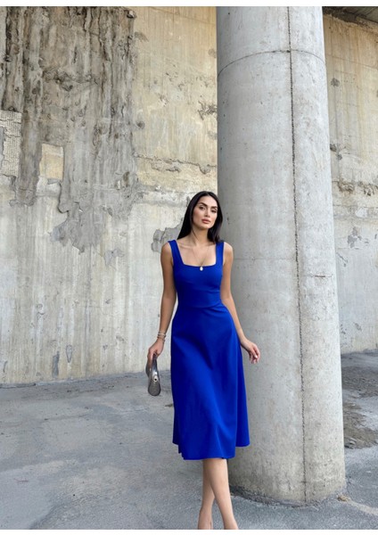 Idil Kare Yaka Kalın Askılı Midi Elbise 2248 Saks Mavi fiyatları