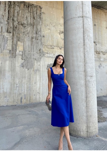 Idil Kare Yaka Kalın Askılı Midi Elbise 2248 Saks Mavi modelleri