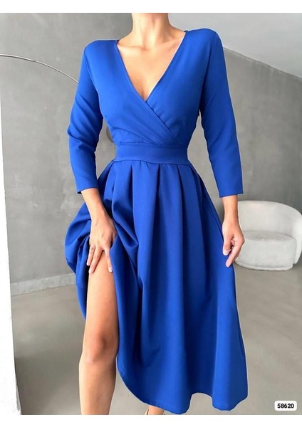 Meyra Kruvaze Yaka Pileli Elbise 58620 Saks Mavisi