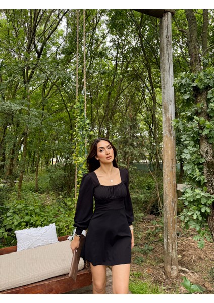 Margaret Kare Yaka Göğüs Drapeli Elbise 581476 Siyah