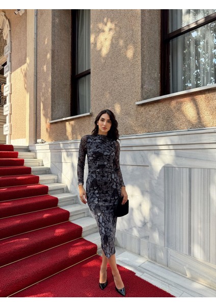 Büzgülü Maxi Tül Elbise 3079 Siyah