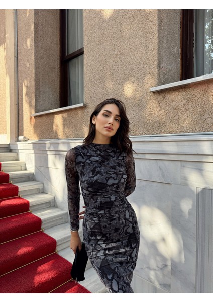 Büzgülü Maxi Tül Elbise 3079 Siyah modelleri