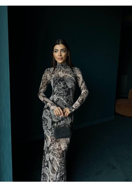 Hannah Baskılı Tül Elbise 56634 Siyah-Ekru modelleri
