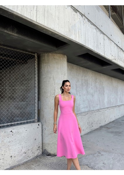Idil Kare Yaka Kalın Askılı Midi Elbise 2248 Pembe