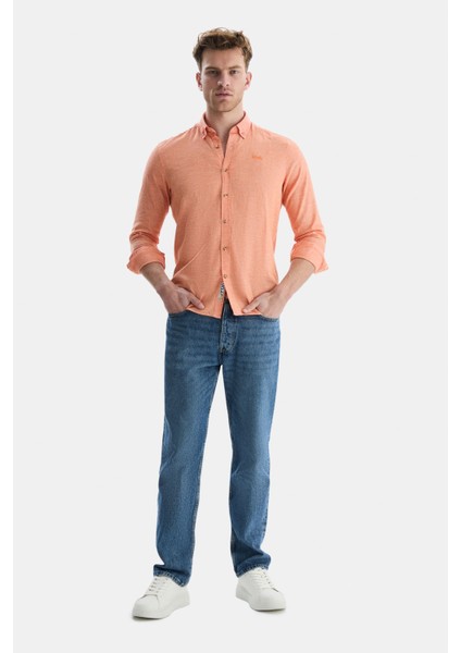 Jacquez Turuncu Keten Nakışlı Standard Fit Erkek Gömlek