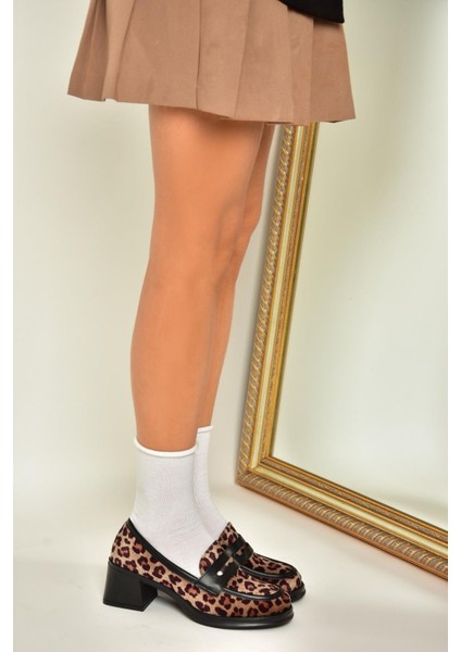 T820145302 Leopar/siyah Süet Kalın Topuklu Kadın Ayakkabı