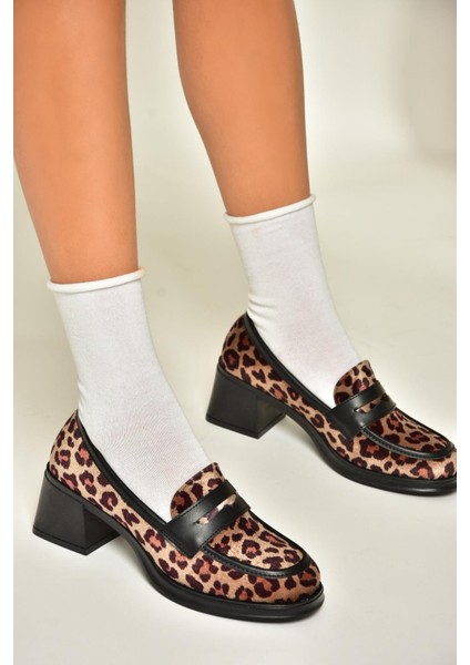 T820145302 Leopar/siyah Süet Kalın Topuklu Kadın Ayakkabı modelleri