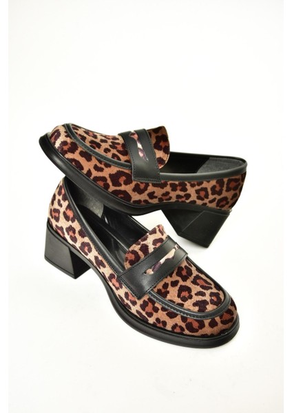 T820145302 Leopar/siyah Süet Kalın Topuklu Kadın Ayakkabı indirimleri