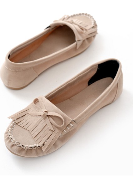 PS-100 Bej Süet Püsküllü Günlük Kadın Babet indirimleri