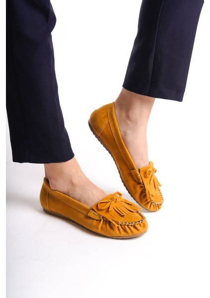 PS-100 Hardal Süet Püsküllü Günlük Kadın Babet fırsatları