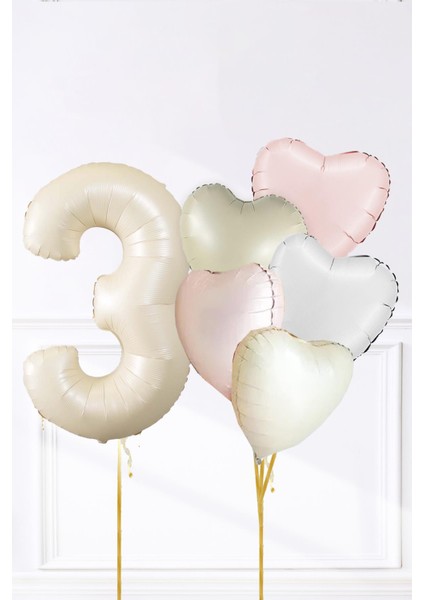 Saten Pembe Beyaz Retro Krem Renkler Kalp ve Yaş Rakamlı Doğum Günü Balon Seti