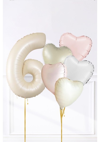 Saten Pembe Beyaz Retro Krem Renkler Kalp ve Yaş Rakamlı Doğum Günü Balon Seti