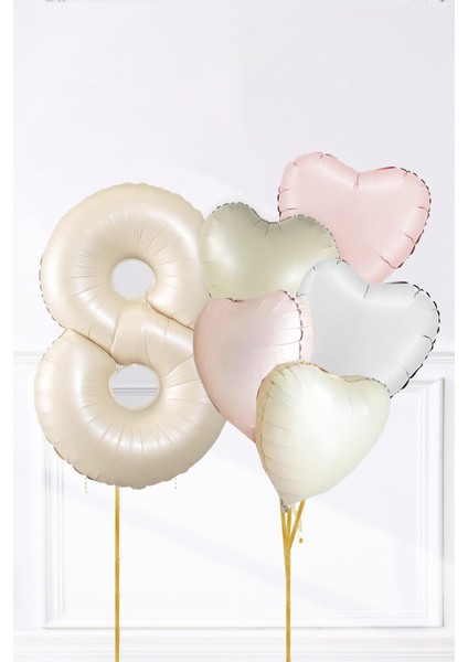 Saten Pembe Beyaz Retro Krem Renkler Kalp ve Yaş Rakamlı Doğum Günü Balon Seti