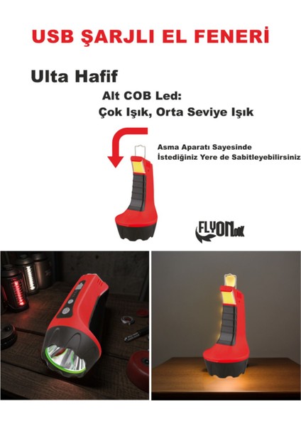 ULTRA HAFİF GÜÇLÜ USB ŞARJL I EL FENERİ HEM FENER HEM ORTAM AYDINLATMASI 3 KADEMELİ LED EL FENERİ