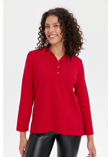 Kadın Polo Yaka Yanı Yırtmaçlı Kazak K.kırmızı