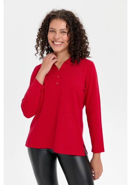Kadın Polo Yaka Yanı Yırtmaçlı Kazak K.kırmızı fırsatları