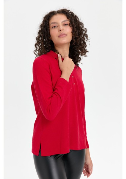 Kadın Polo Yaka Yanı Yırtmaçlı Kazak K.kırmızı indirimleri