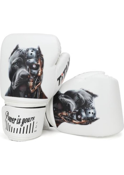 Siyah Pitbull Desenli Beyaz Boks Eldiveni