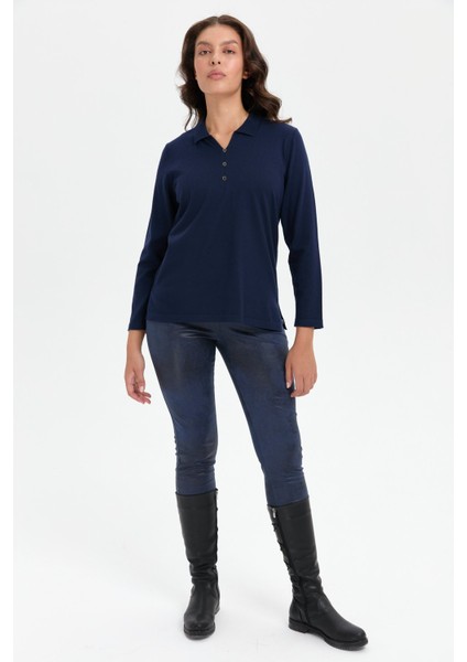 Kadın Polo Yaka Yanı Yırtmaçlı Kazak K.lacivert