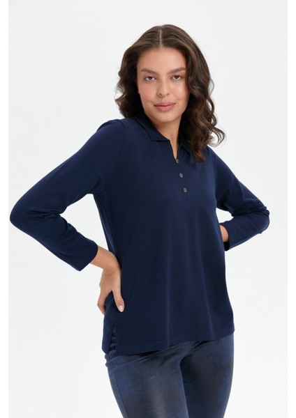 Kadın Polo Yaka Yanı Yırtmaçlı Kazak K.lacivert fırsatları