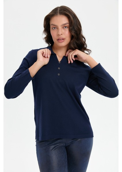 Kadın Polo Yaka Yanı Yırtmaçlı Kazak K.lacivert indirimleri
