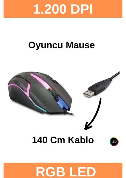 8733-3D Işıklı Kablolu Oyuncu Mouse - 1200DPI