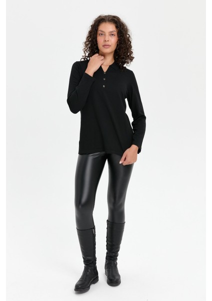 Kadın Polo Yaka Yanı Yırtmaçlı Kazak Siyah