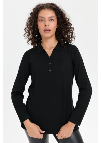 Kadın Polo Yaka Yanı Yırtmaçlı Kazak Siyah fiyatları