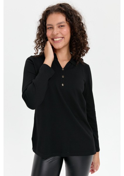 Kadın Polo Yaka Yanı Yırtmaçlı Kazak Siyah modelleri