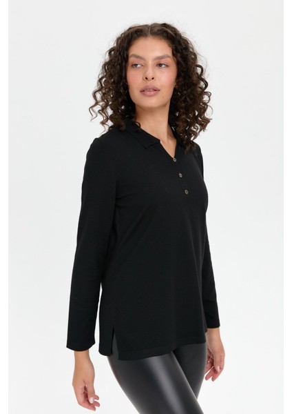 Kadın Polo Yaka Yanı Yırtmaçlı Kazak Siyah indirimleri