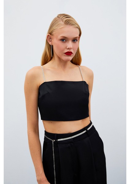 Taş Askılı Saten Crop Bluz - Siyah modelleri