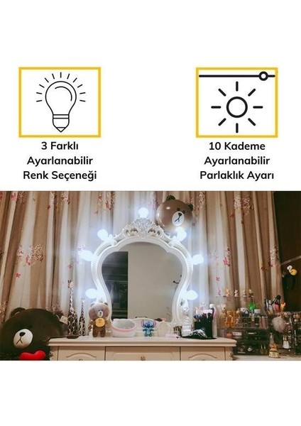 Alpotekno® Nostalji Hollywood Tarzı 10LU Makyaj Masası Aynası Beyaz LED Işıklı Lamba USB