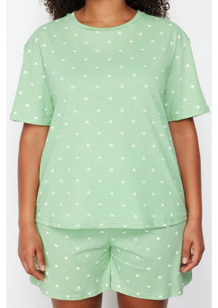 Büyük Beden Kadın Pamuklu Bisiklet Yaka Kısa Kol Kalp Desenli Örme Pijama Takımı