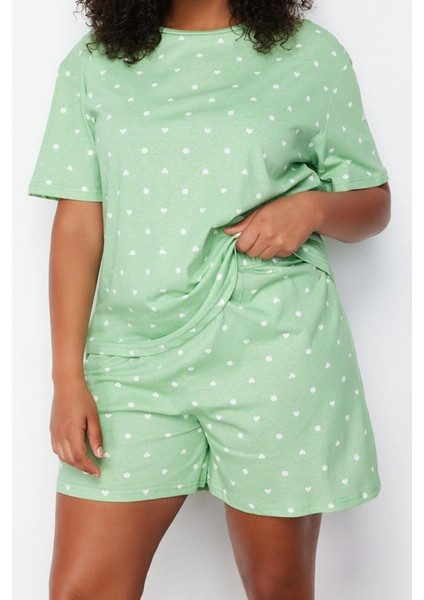Büyük Beden Kadın Pamuklu Bisiklet Yaka Kısa Kol Kalp Desenli Örme Pijama Takımı fiyatları