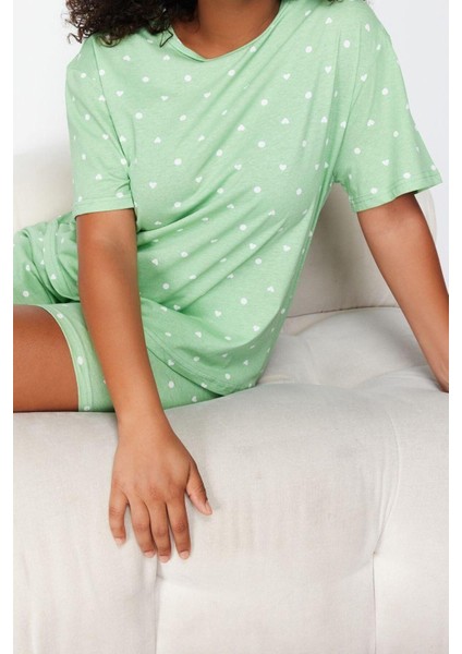 Büyük Beden Kadın Pamuklu Bisiklet Yaka Kısa Kol Kalp Desenli Örme Pijama Takımı modelleri