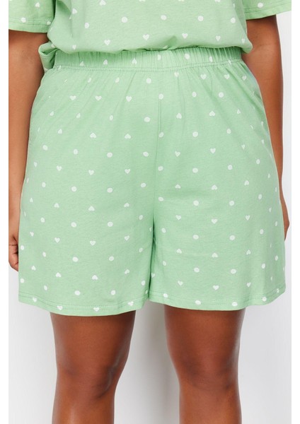 Büyük Beden Kadın Pamuklu Bisiklet Yaka Kısa Kol Kalp Desenli Örme Pijama Takımı fırsatları