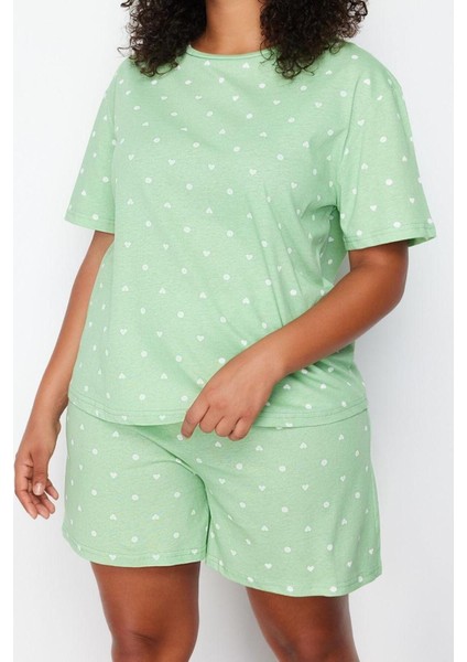 Büyük Beden Kadın Pamuklu Bisiklet Yaka Kısa Kol Kalp Desenli Örme Pijama Takımı indirimleri