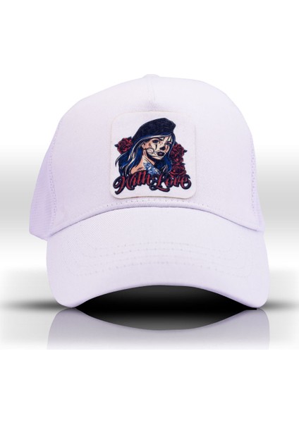 Çiçek Desenli Dövmeli Kız Beyaz Fileli Beyzbol Şapka Trucker Cap